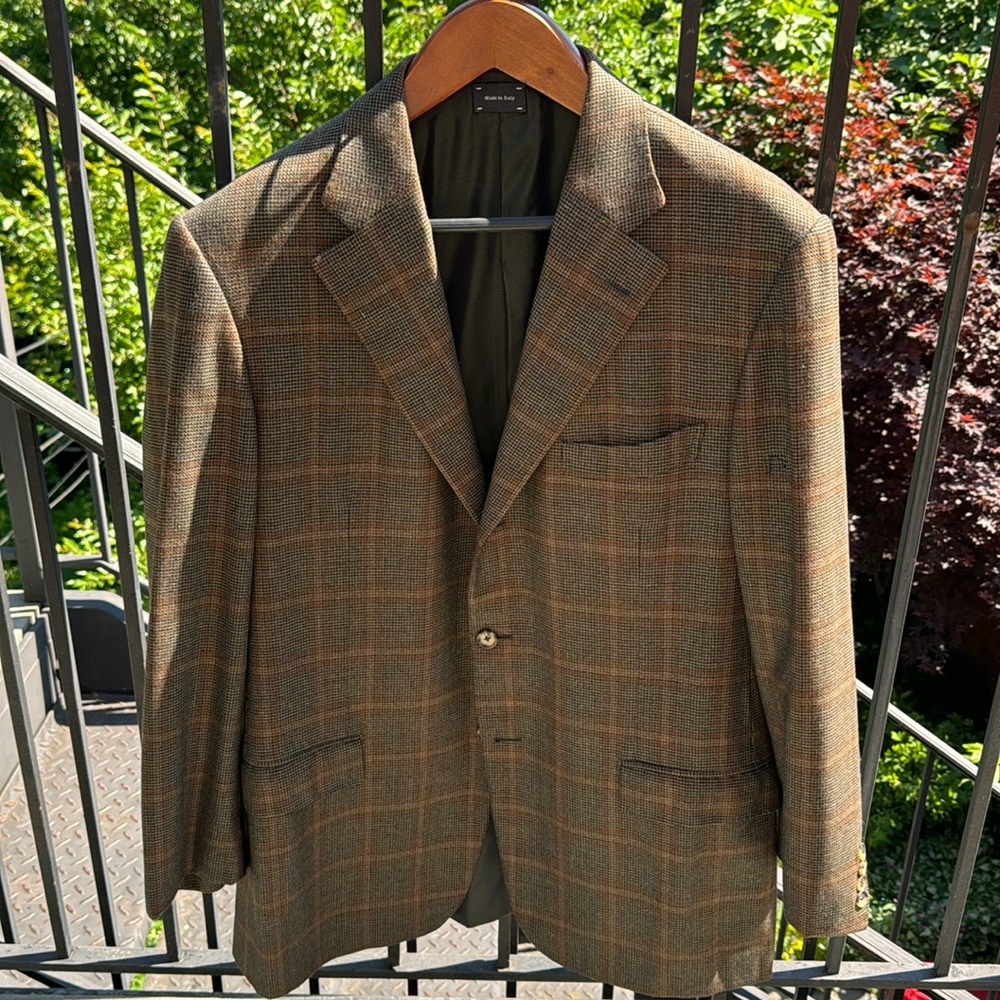 Ermenegildo Zegna Brown Plaid Sport Coat with Orange Windowpane